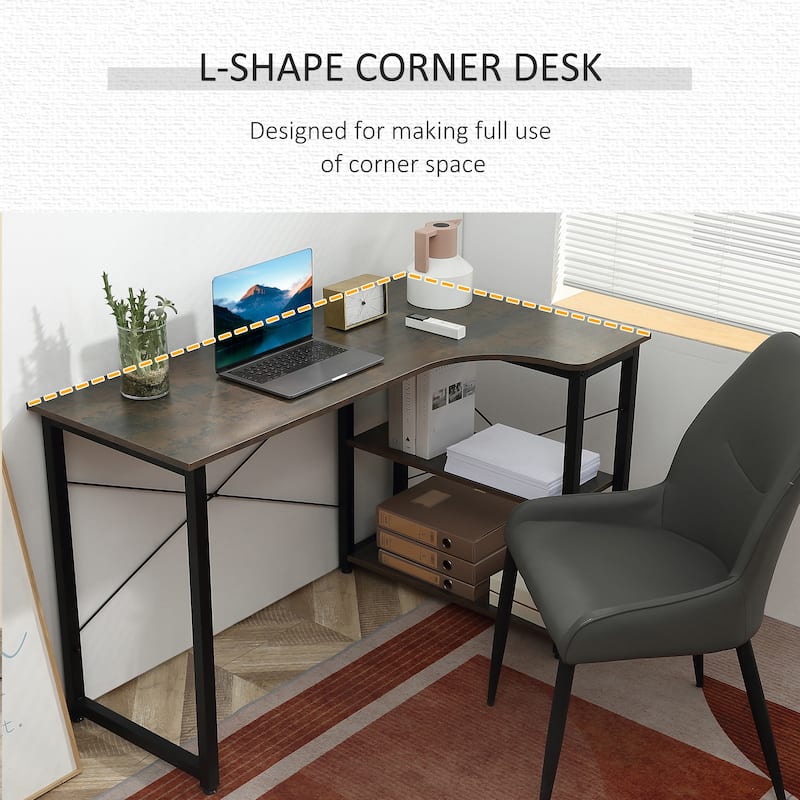 HOMCOM L-Shaped Computer Desk Home Office Corner Desk Study Workstation Table with with Wide Desktop, 2 Side Shelves, Steel