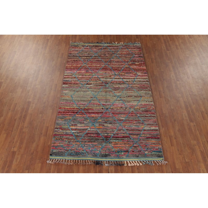 Striped Trellis Moroccan Area Rug Handmade Wool Carpet - 5'8" x 9'9"
