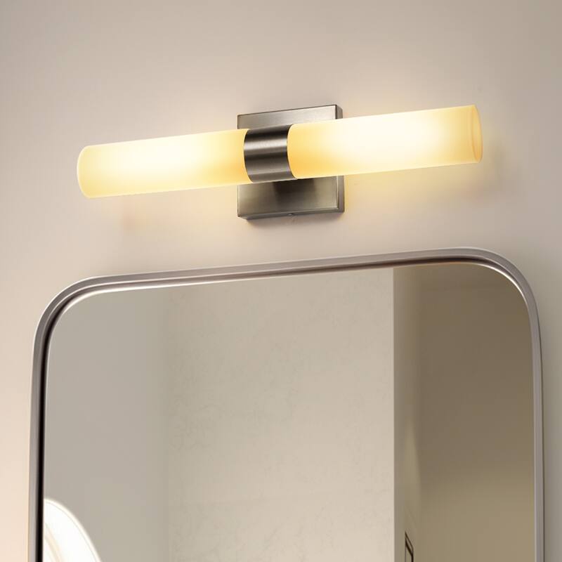 2-Pack Satin Nickel Double Linear Wall Sconce, White Glass Shades with E12 Base - 2.3*2.3*17.7