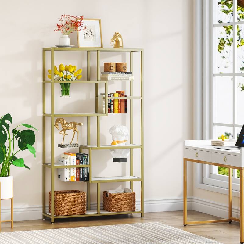 White Gold Bookshelf Bookcase 8-Open Shelf Etagere Bookcase with Faux Marble