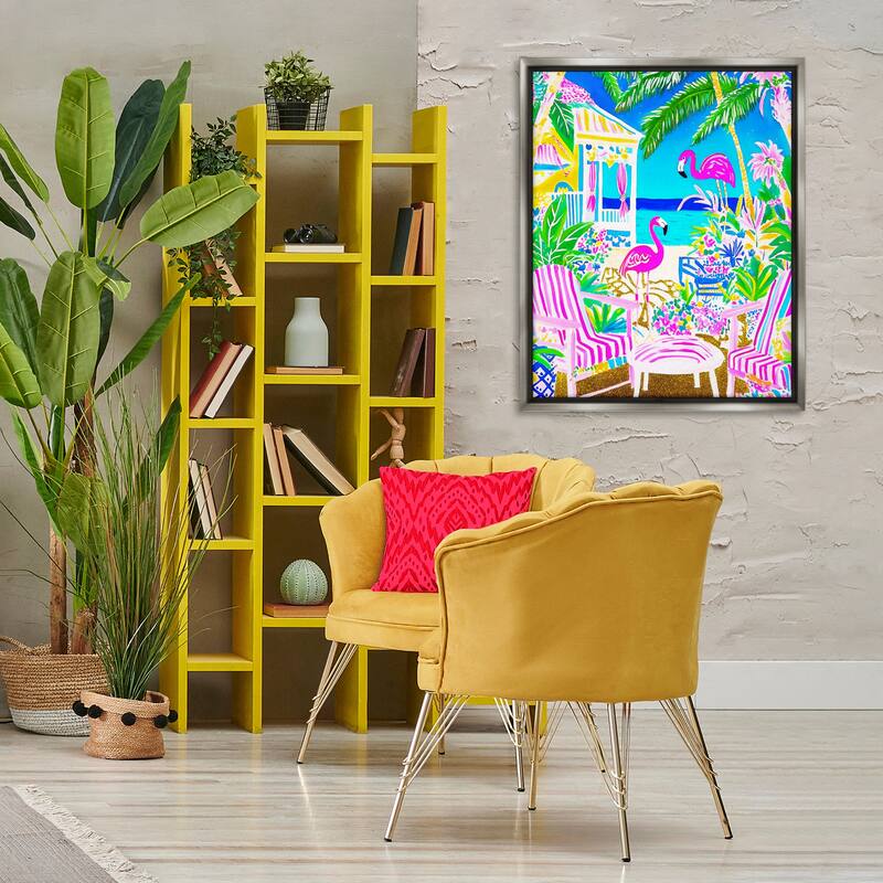 Stupell Vivid Flamingos on Tropical Beach Framed Floater Canvas Wall Art Design By Jess Stempel