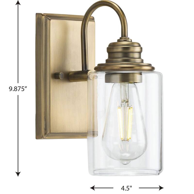 Aiken Collection One-Light Vintage Style Brass Clear Glass Farmhouse Style Bath Vanity Wall Light - 4.5 in x 7 in x 9.875 in