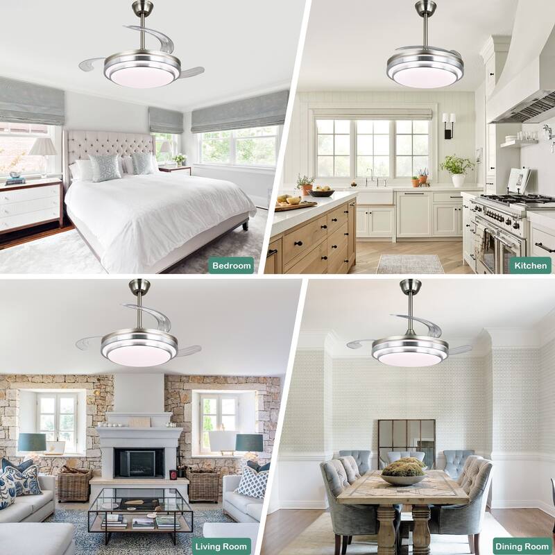 Cusp Barn 42 Inch Retractable Ceiling Fan with Lights, Modern Silent DC Motor 6 Speeds Chandelier Ceiling Fan for Bedroom