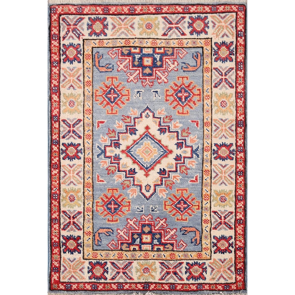 Light Blue Kazak Oriental Foyer Rug Hand-Knotted Wool Carpet - 2'1" x 2'11"