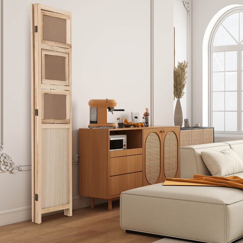 Costway 67” 3 Panel Room Divider with Paulownia Wood Photo Frames - Natural - See Details