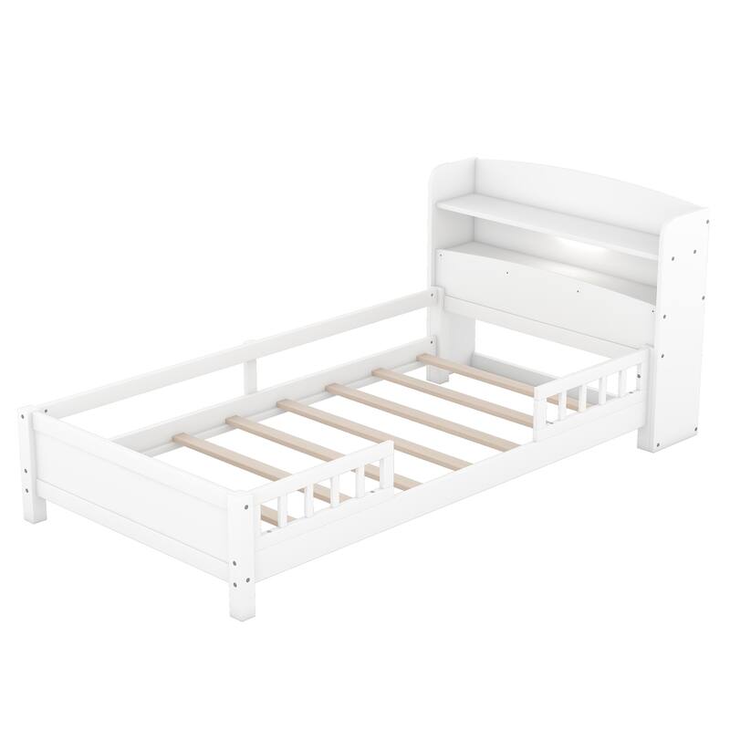 Twin Size Platform Bed with LED Light, Storage Headboard, and Guardrail in White