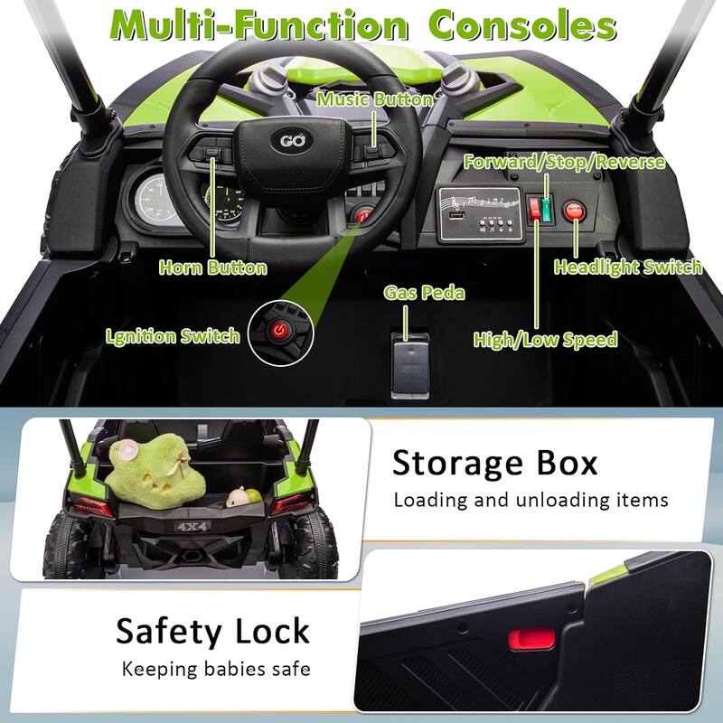 2 Seater Kids Ride on Car Off-Road UTV Toy with Sun Shade, Black