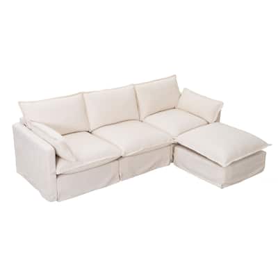 93.31" Faux Linen Modular Sectional Sofa with Ottoman, Wood Frame