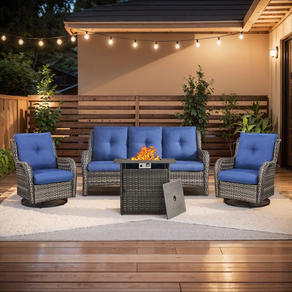 Gymojoy 4-Piece Outdoor Furniture Set, 2 Swivel Glider Chairs, 3-Seat Sofa & 55K BTU Fire Pit Table