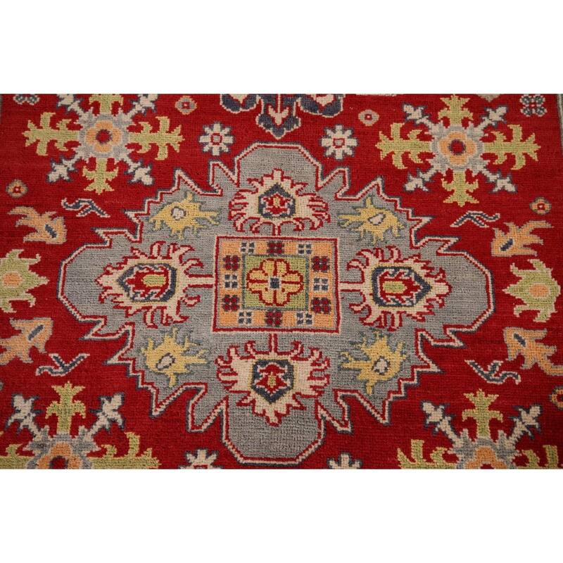 Red Geometric Kazak Area Rug Handmade Traditional Oriental Wool Carpet - 4'10" x 6'8"