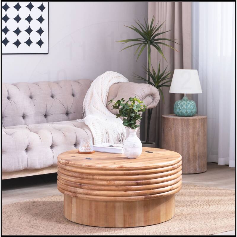 30.3" Stylish Round Coffee Table with Hidden Storage - Wood - Natural