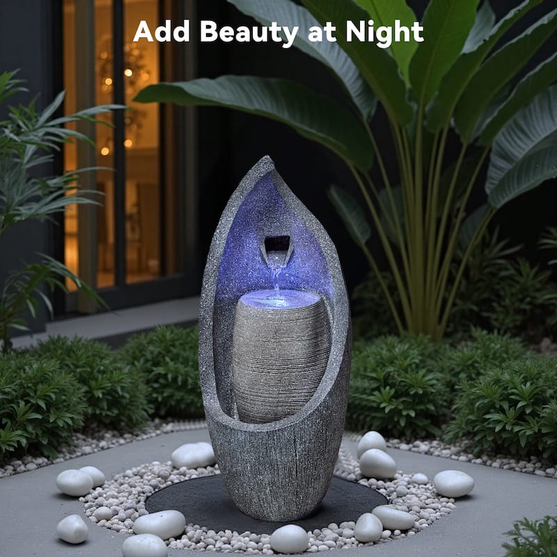 Vbal Modern Minimalist Gray Resin and Fiberglass Fountain with LED Lights Weather Resistant for Indoor and Outdoor