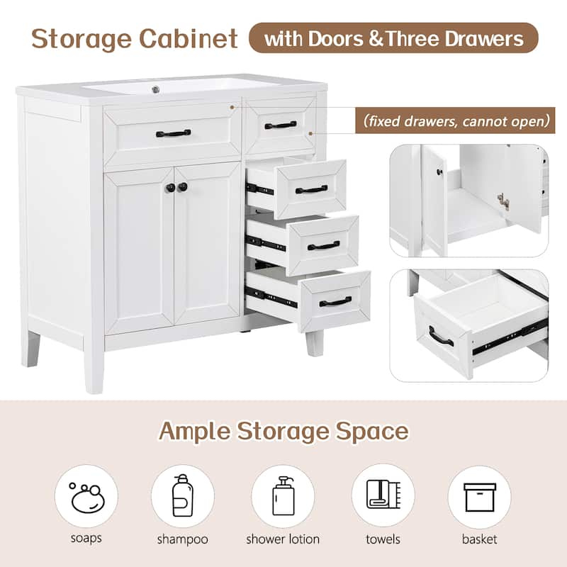 36" Bathroom Vanity w/ Sink, Lager Cabinet, 3 Drawers & Metal Handles