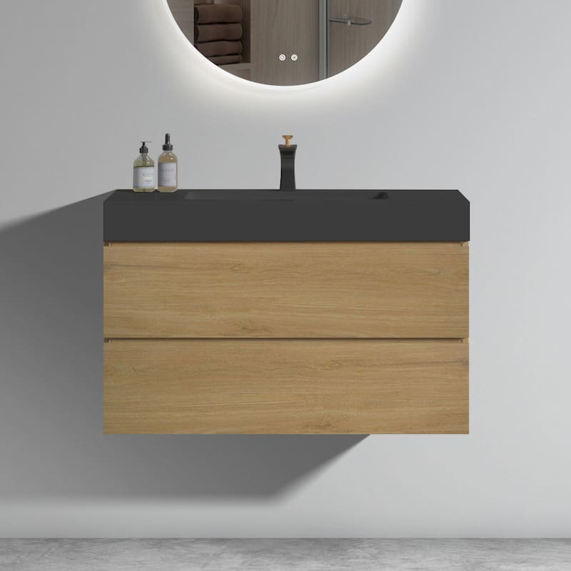 GDFStudio - Naomi Modern Floating Bathroom Vanity with Silent Drawers and Pre-Assembled One-Piece Sink - walnut+black - 36"