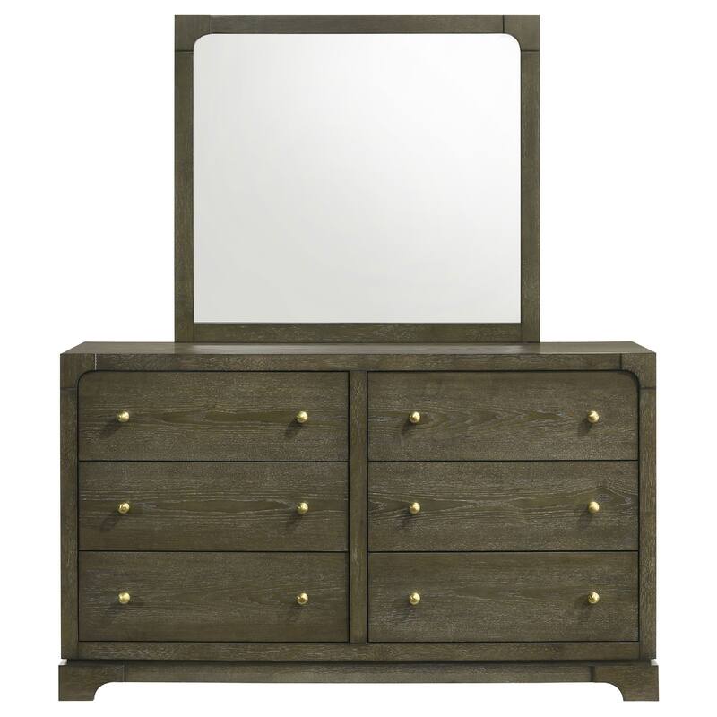 Seon Wide Dresser with Mirror, 6 Drawers, Cocoa Brown, Brass Knobs
