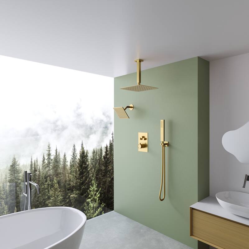Dual Heads 12" Rainfall Shower head & High Pressure 6" Shower System w/ 3 Way Thermostatic Faucet
