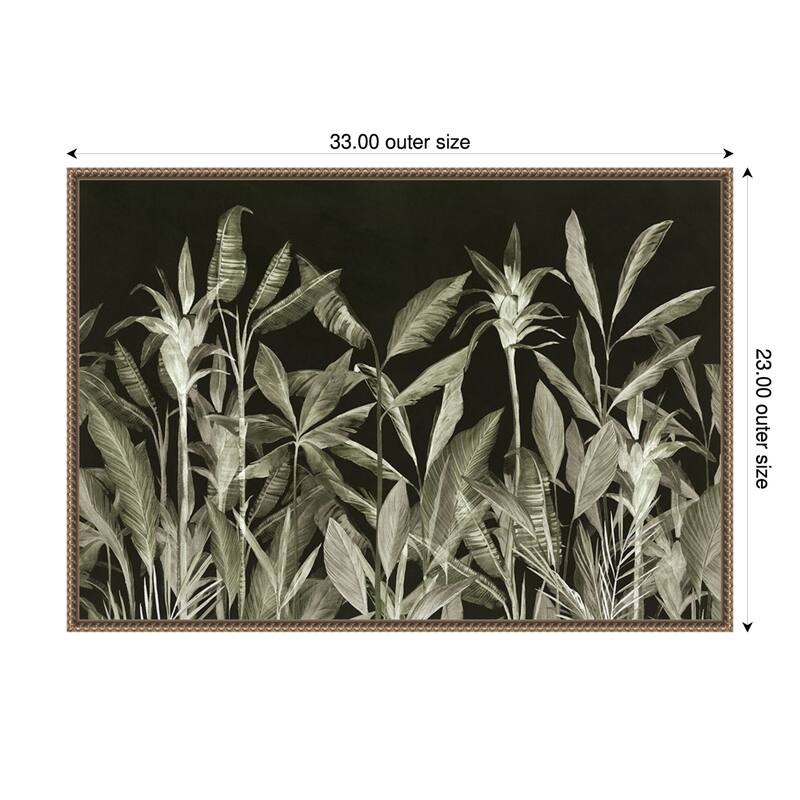 Monochrome Jungle Leaves at Night by Aria K Framed Canvas Wall Art Print - 33 x 23 in