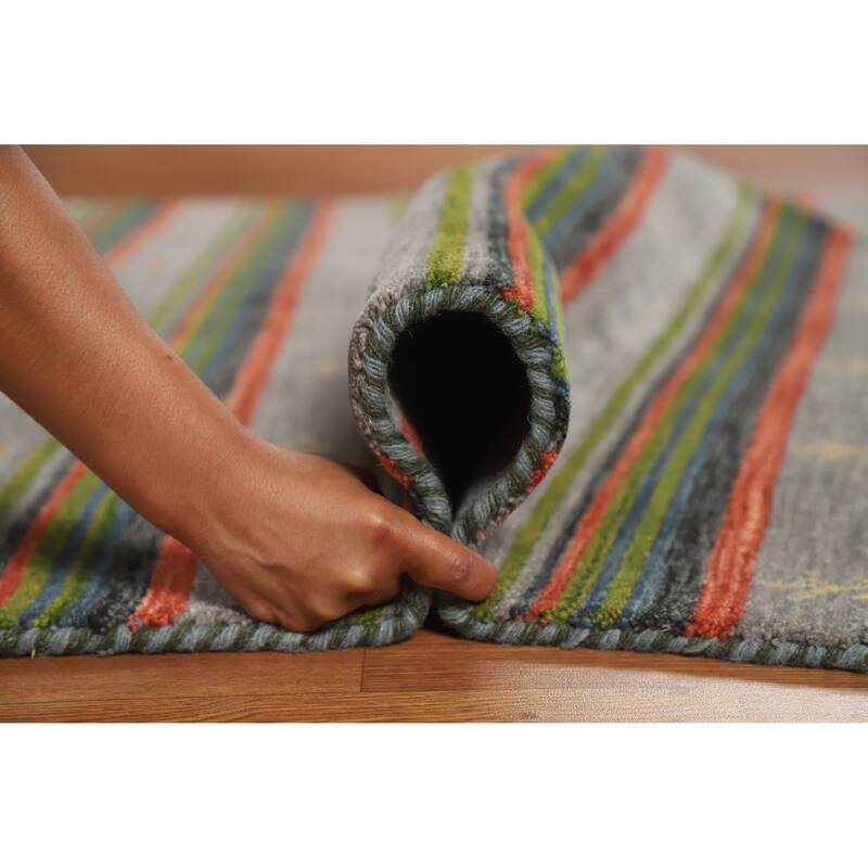 Striped Gabbeh Indian Area Rug Handmade Wool Carpet - 5'4" x 9'8"