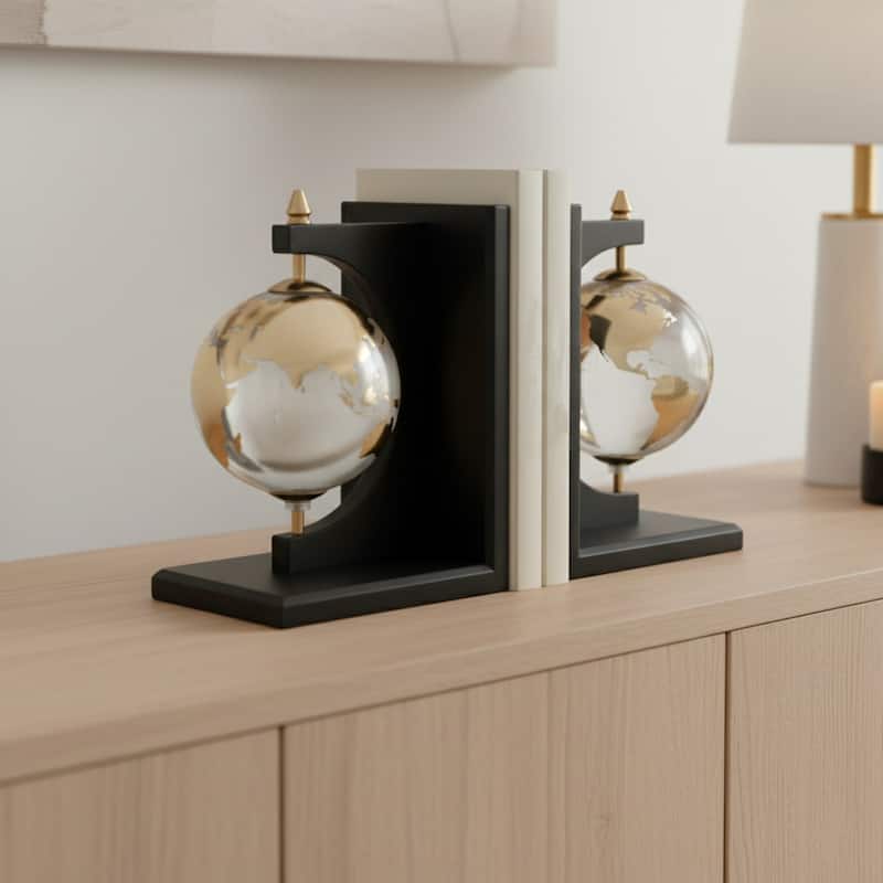 Decorative Glass and Metal Globes Bookends - Set of 2", 9", Black - 14.0"