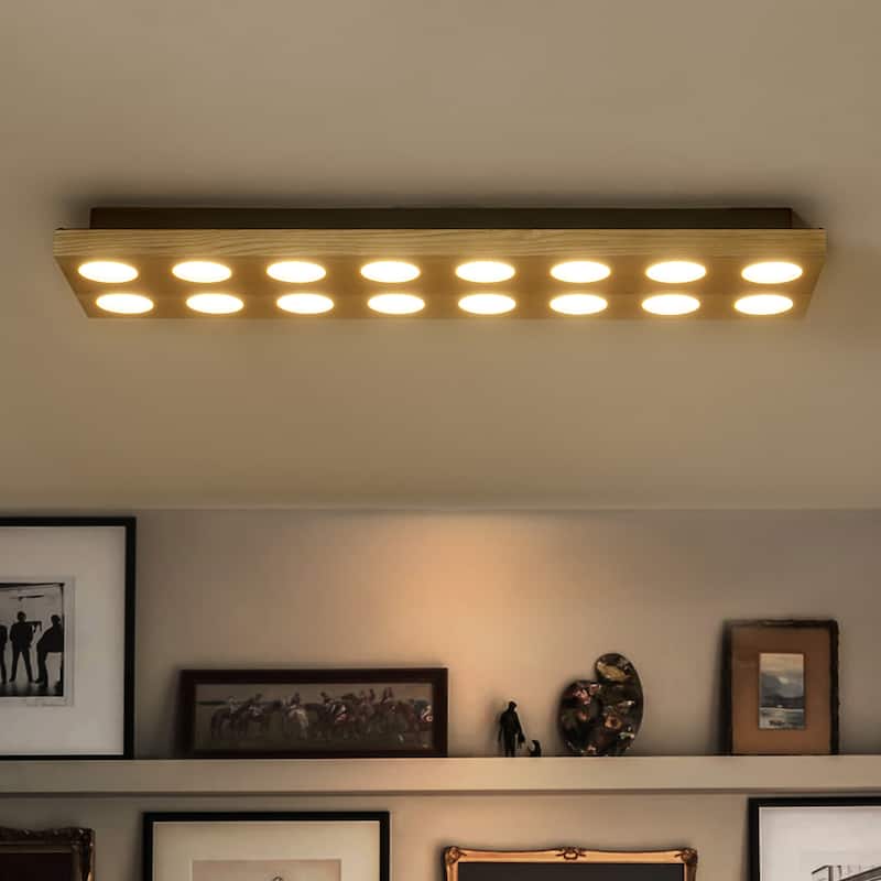 31.5" 16-Light Modern Minimalist Rectangle Wood Integrated LED Flush Mount Ceiling Light for Bedroom, Living Room