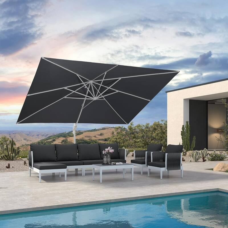 PURPLE LEAF White Rectangle Cantilever Patio Umbrella With Base - 10x13ft Navy Blue