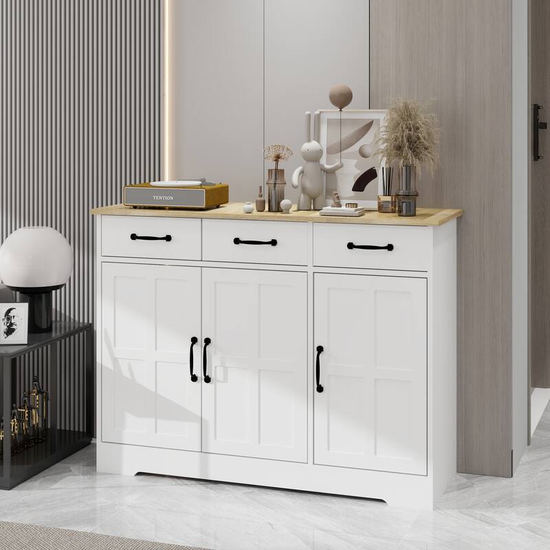 Buffet Sideboard Cabinet with Storage, Modern Farmhouse Coffee Bar Cabinet with 3 Drawers and 3 Doors Adjustable Shelves - White B