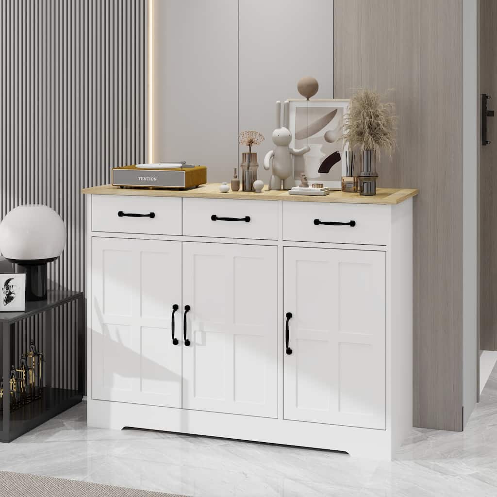 Farmhouse Buffet Cabinet Storage Sideboard with 3 Drawers and 3 Doors for Dining Living Room Kitchen Cupboard-White
