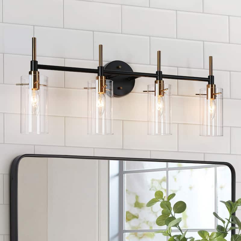 Alva Modern 4-Light Black Gold Bathroom Vanity Lights Cylinder Glass Wall Lamp - 27.5" L x 6" W x 11" H