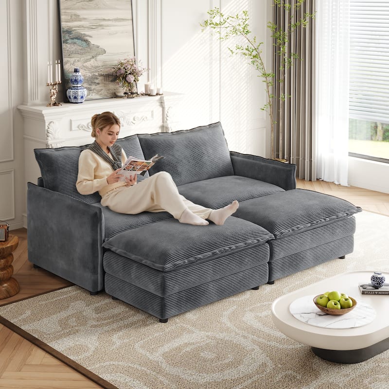 75" Corduroy 2-Seater Cloud Sectional Sofa with Dual-Layer Cushions - Grey