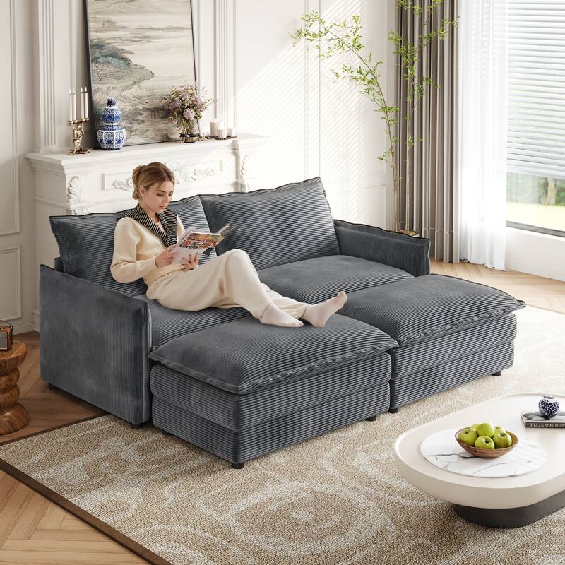 Corduroy Cloud Sleeper Sofa Bed Modular Sectional Sofa with Chaise Lounge Living Room Loveseat Couch with 2 Ottomans