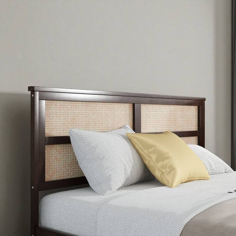 Full/King Size Rubber Wood Bed with Rattan Headboard and 2 Storage Drawers, Solid Frame with Reinforced Support Slats and Feet