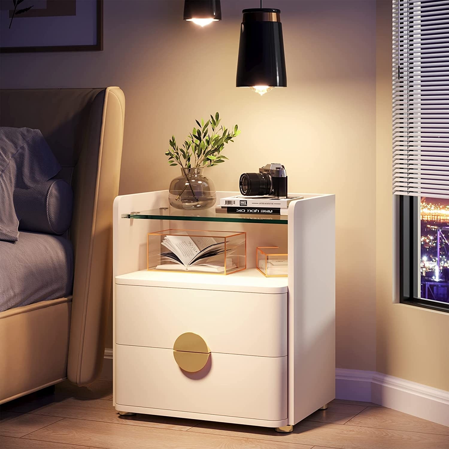 2 Drawer Nightstand with Tempered Glasses Shelf, Bed Side Table
