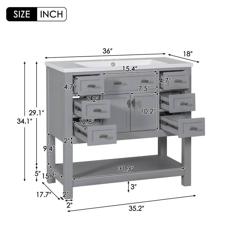 36'' Freestanding Bathroom Vanity Set with Integrated Ceramic Sink and Drawers - 36'' X 34''