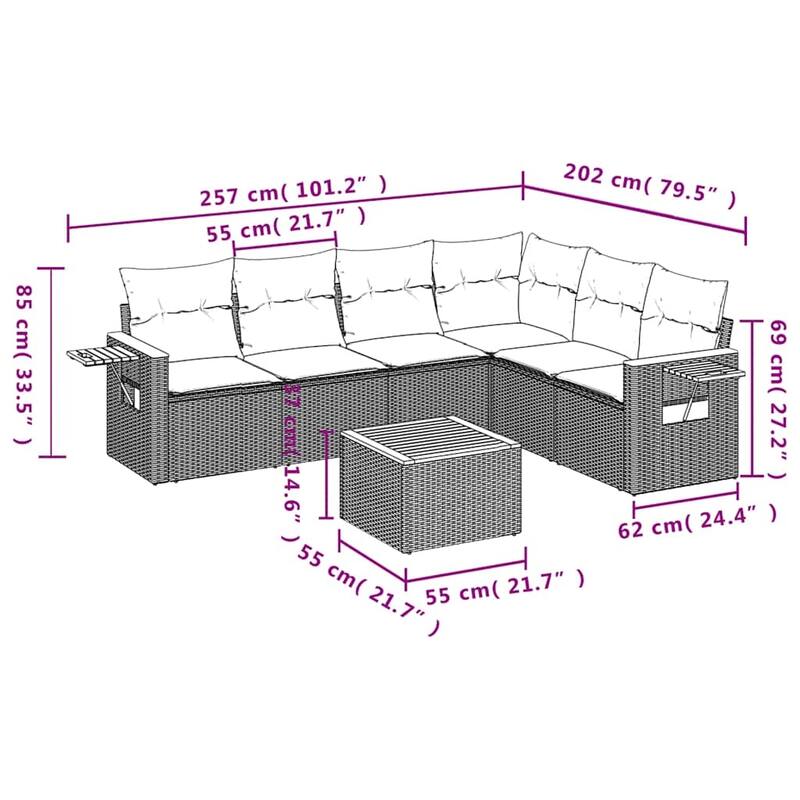 vidaXL 7 Piece Patio Sofa Set with Cushions Grey Poly Rattan (US only) - 101.2x33.5x79.5