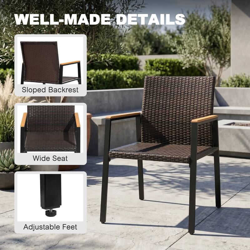 All Weather Wicker Patio Chairs Set of 2, Acacia Wood Armrests
