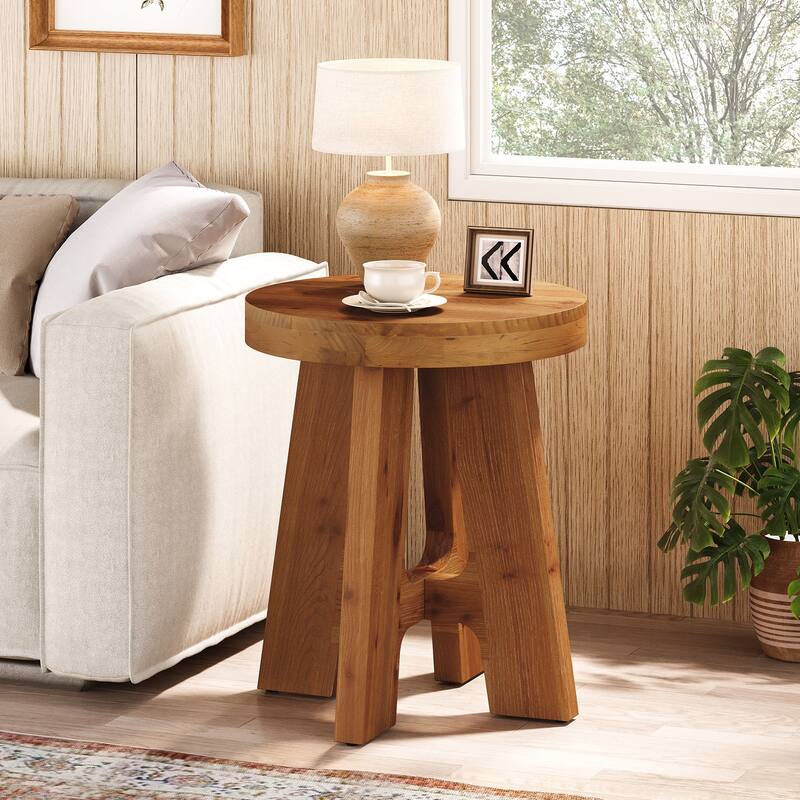 Solid Wood Round End Table, Farmhouse Small Round Side Table