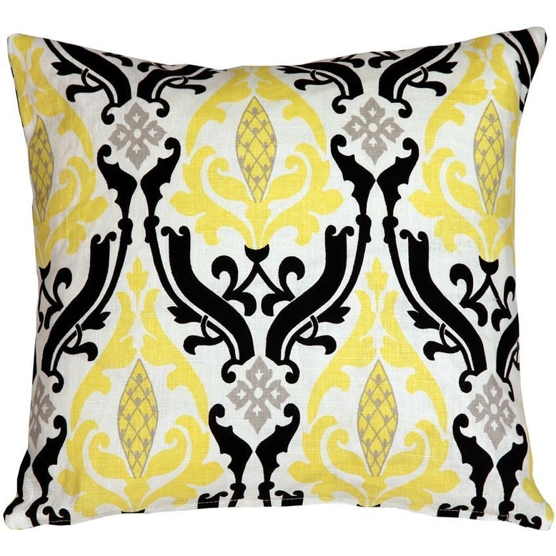 Damask Print Linen 16x16 Throw Pillow with Polyfill Insert, Yellow