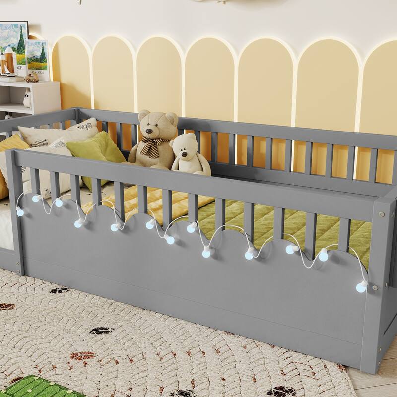 Full Montessori Floor Bed Frame with High Rails, Wood Kids Floor Beds with Light and Storage Shelf, Natural