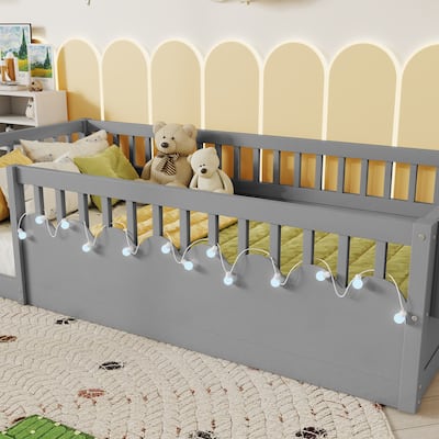 Full Size Toddler Floor Bed Fence Bed with Guardrails, Grey
