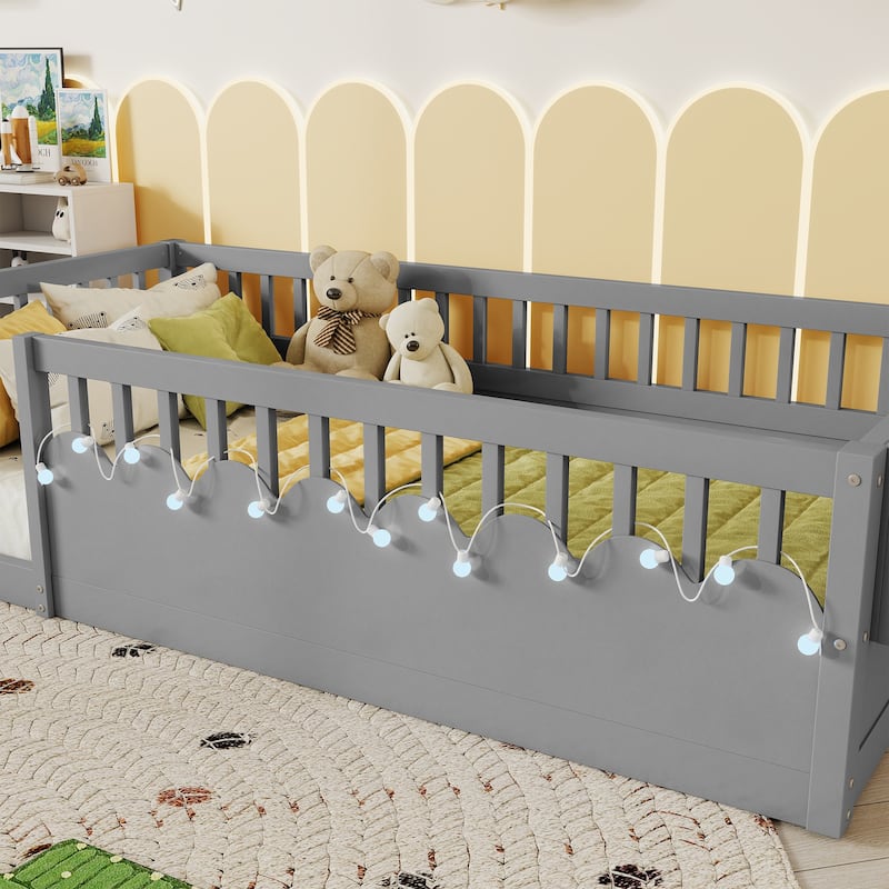 GDF Studio - Ellington Full Size Montessori Floor Bed with High Rails, LED Light, and Storage Shelf