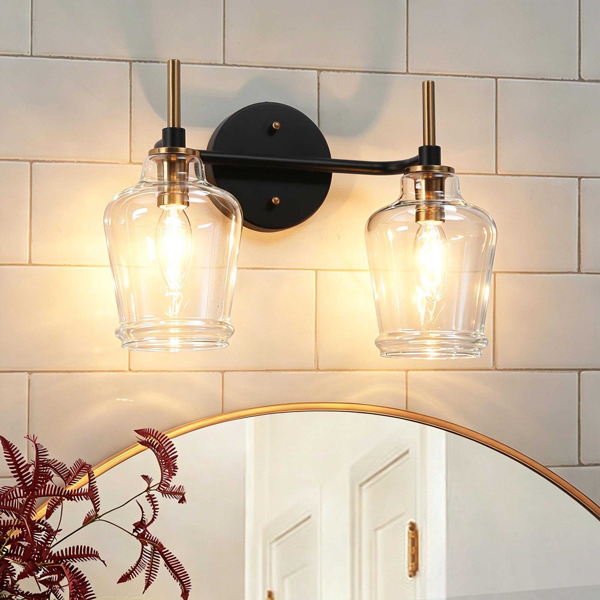 Modern 2-Light Black Gold Bathroom Vanity Lights Linear Glass Wall Sconces