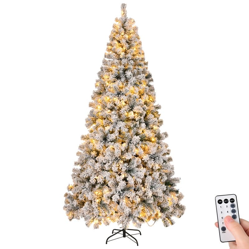 8 FT Pre-lit Snow Flocked Christmas Tree, Artificial Hinged Xmas Pine Tree,Remote Control for Holiday Party, Snowy Green