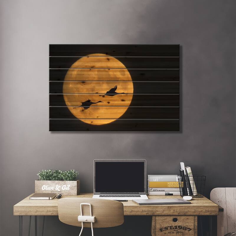 Flying Sandhill Crane Couple With A Full Moon, Bosque del Apache National Wildlife Refuge, NM, USA Print On Wood by Ellen Anon