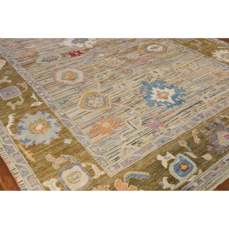 Hand Knotted Oriental 100% Wool Carpet Transitional Floral Multi-Colored Oushak Area Rug - 9' 5'' X 8' 2''
