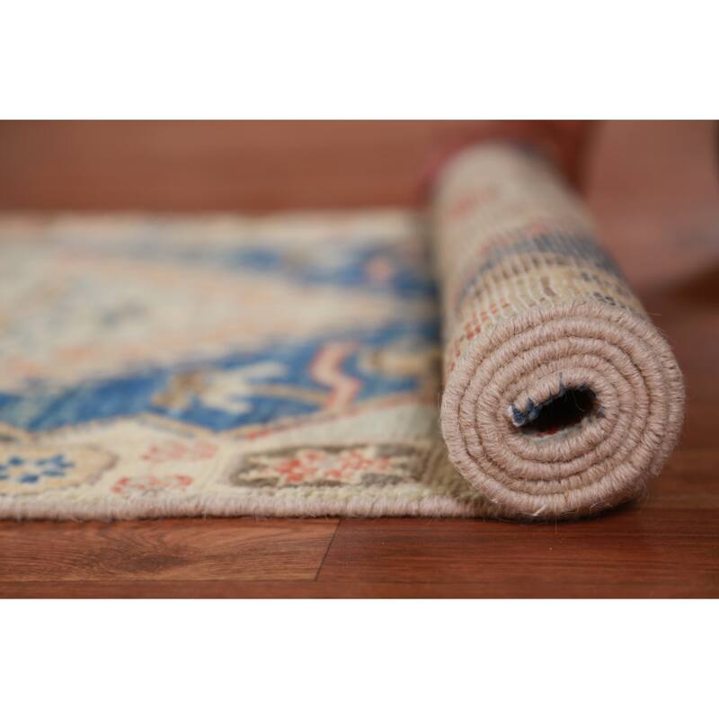 Hand Knotted Oriental 100% Wool Carpet Transitional Geometric Navy Blue & Blues Oushak Runner Rug - 9' 11'' X 2' 7''