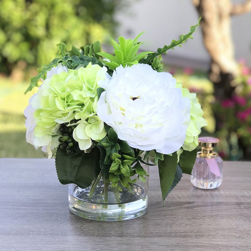 Enova Home Mixed Artificial Silk Peony and Hydrangea Fake Flowers Arrangement in Clear Glass Vase for Home Office Decoration