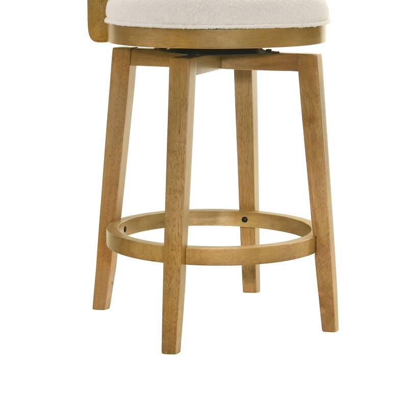Winsley Coastal Modern Swivel Wood Counter Height Kitchen Bar Stool with White Boucle Fabric Upholstered Seat