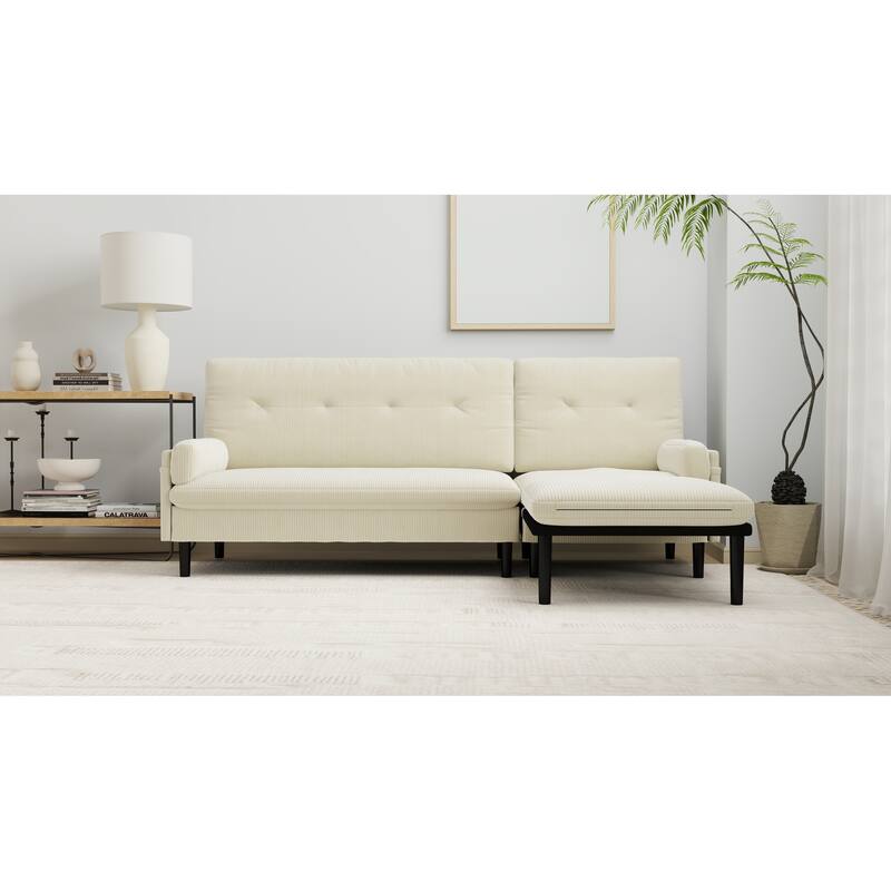 Ivory Corduroy Convertible 3-Seater L-Shaped Sofa and Bed