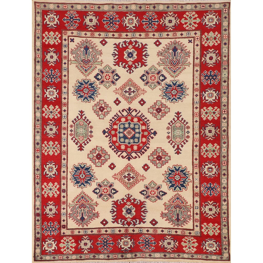 Geometric Kazak Area Rug Hand-Knotted Beige Wool Carpet - 5'2" x 6'6"