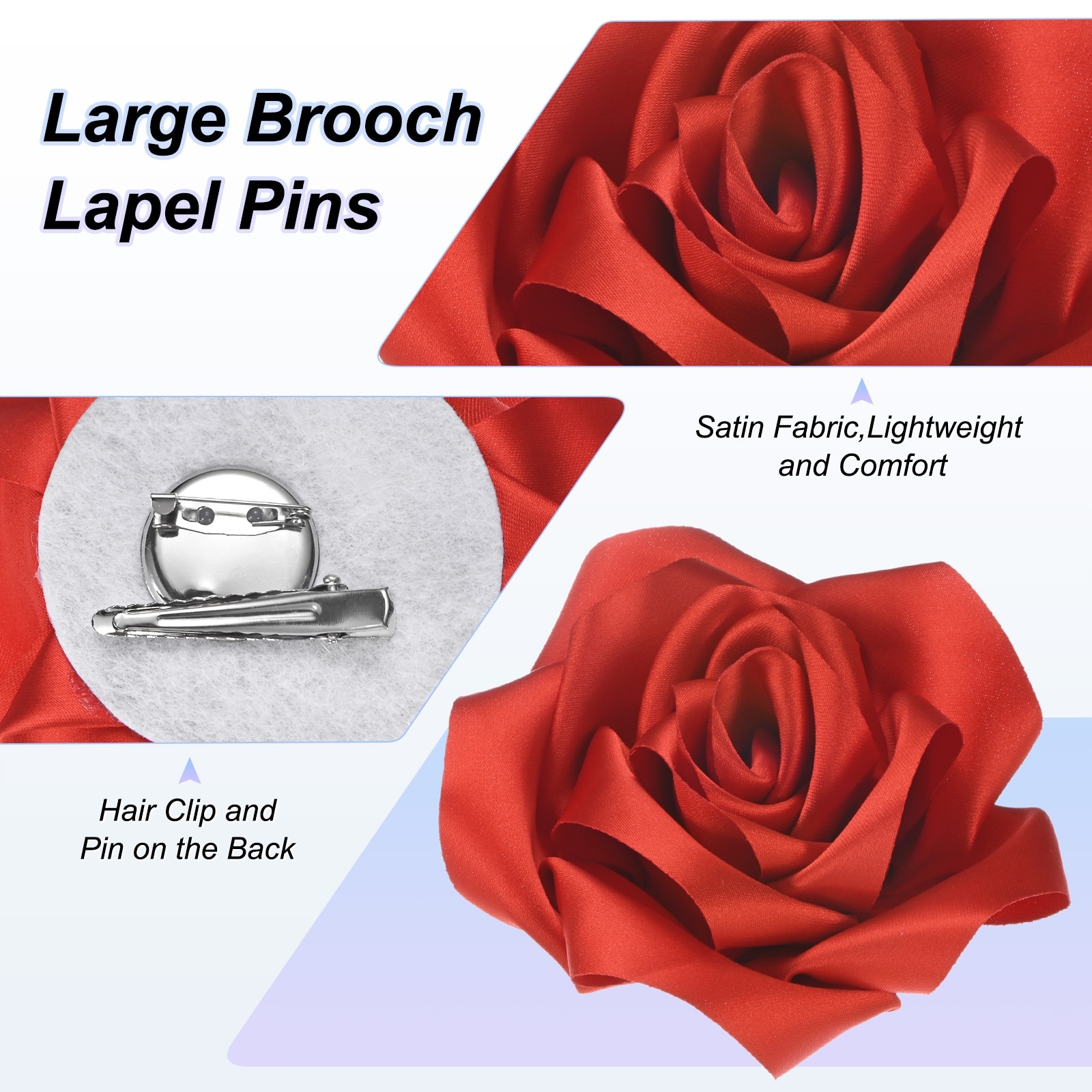 Rose Flower Brooches and Pins for Women, Handmade Lapel Pins Dainty Satin Fabric Big Rose Hair Flowers Clips - 11cm
